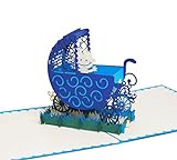 Kinderwagen (Blau) - Klappkarte / 3D Pop-Up Karte - Glückwunschkarte zur Geburt, Grußkarte mit Baby