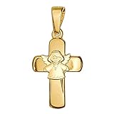 CLEVER SCHMUCK Goldener Anhänger Kreuz 15 mm glänzend mit aufgesetztem Kinderengel Kreuzkette tragend seidenmatt 333 GOLD 8 KARAT für Kinder