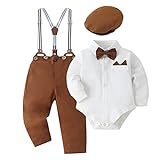 SOLOYEE Baby Jungen Bekleidungssets Taufanzug Strampler mit Fliege + Gentleman HosenträGer Baby Junge Hochzeit Outfit Set 4tlg Weiß, 6-12 Monate