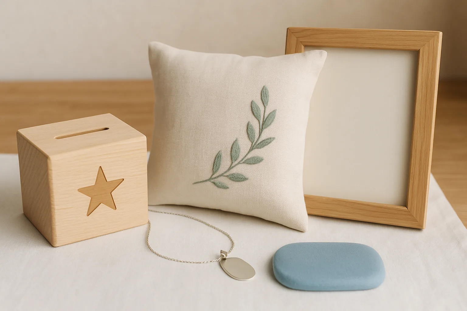 Personalisierbare Taufgeschenke: Holzspardose mit Stern, Kinderkette mit Gravurplatte, besticktes Kissen und Bilderrahmen