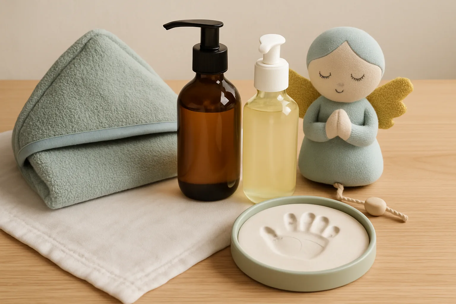 Babyartikel als Taufgeschenk: Kapuzenhandtuch, Pflegeset, Engel-Spieluhr und Abdruckset für Hand und Fuß