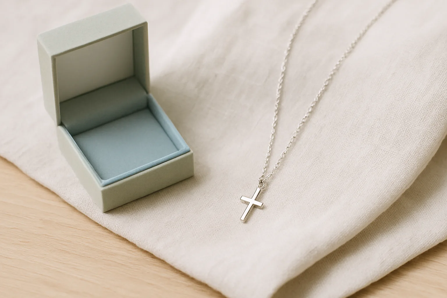 Zarte Taufkette aus Silber mit Kreuz-Anhänger auf Leinen, daneben eine geöffnete Schmuckschachtel