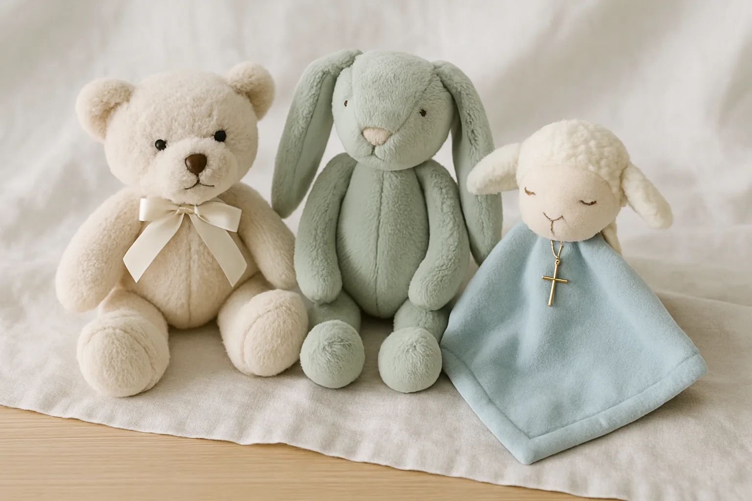 Kuscheltiere zur Taufe: heller Teddybär, Stoffhase und Schmusetuch-Schaf auf weißem Leinen