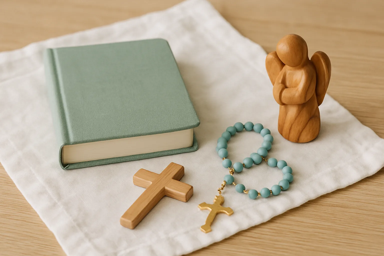 Religiöse Taufgeschenke: Kinderbibel, Holzkreuz, Rosenkranz und Schutzengel aus Olivenholz
