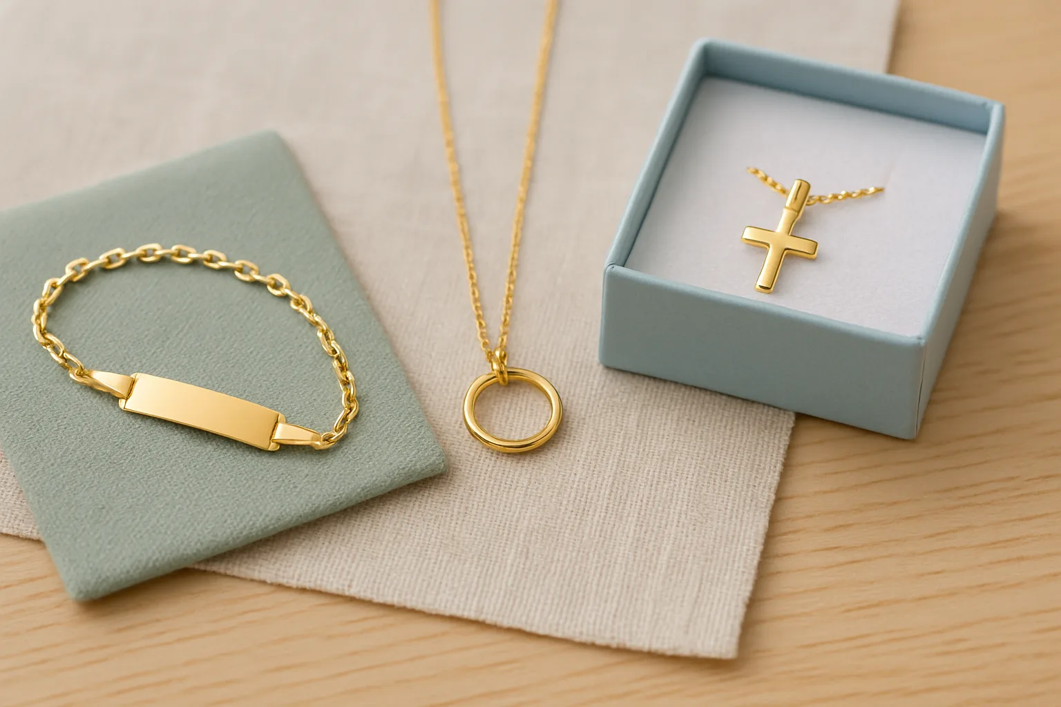 Taufschmuck in der Schachtel: Babyarmband mit Gravurplatte, Taufring an Kette und Kreuz-Anhänger