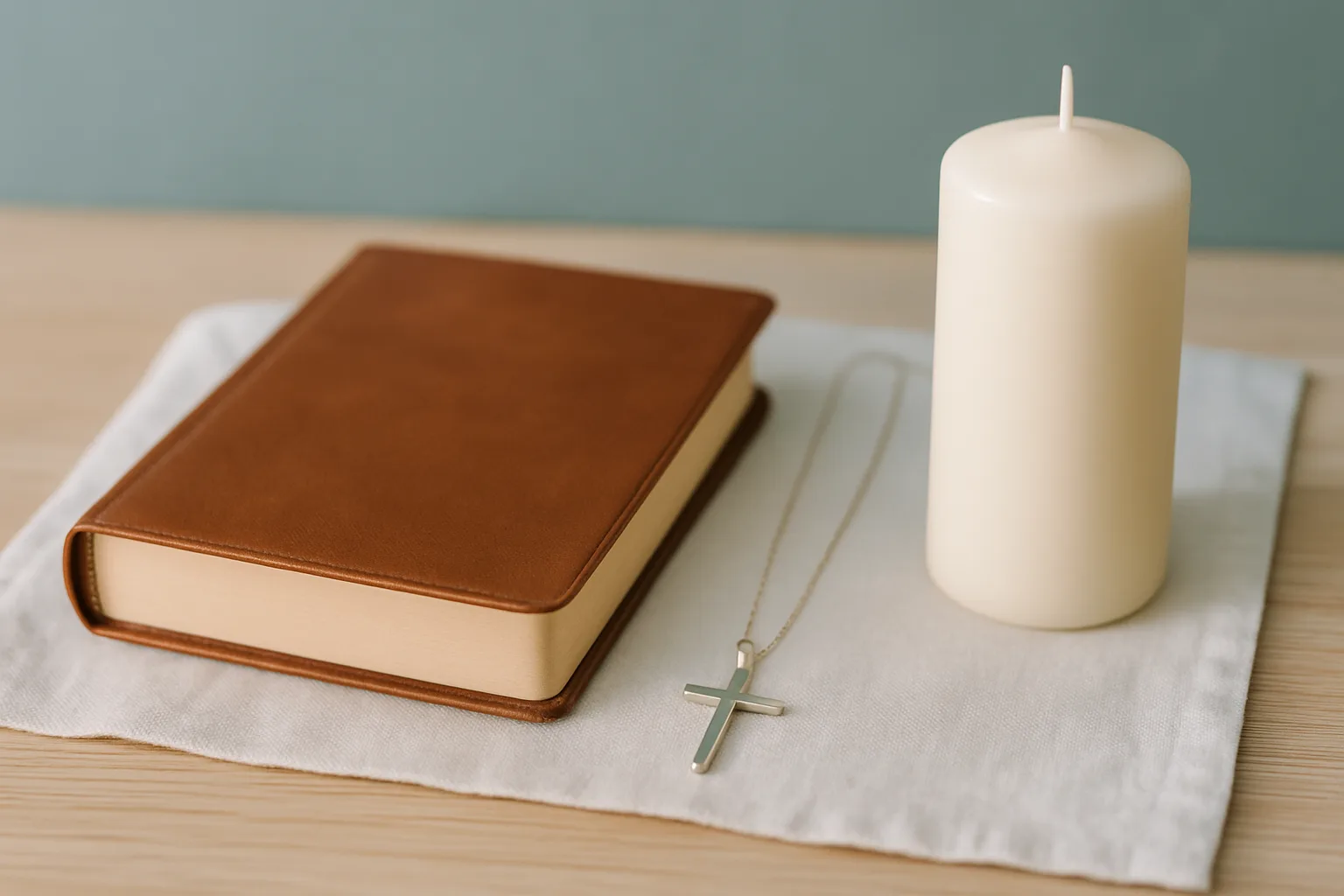 Taufgeschenke für Erwachsene: Bibel mit Ledereinband, schlichte Kreuzkette aus Silber und weiße Kerze