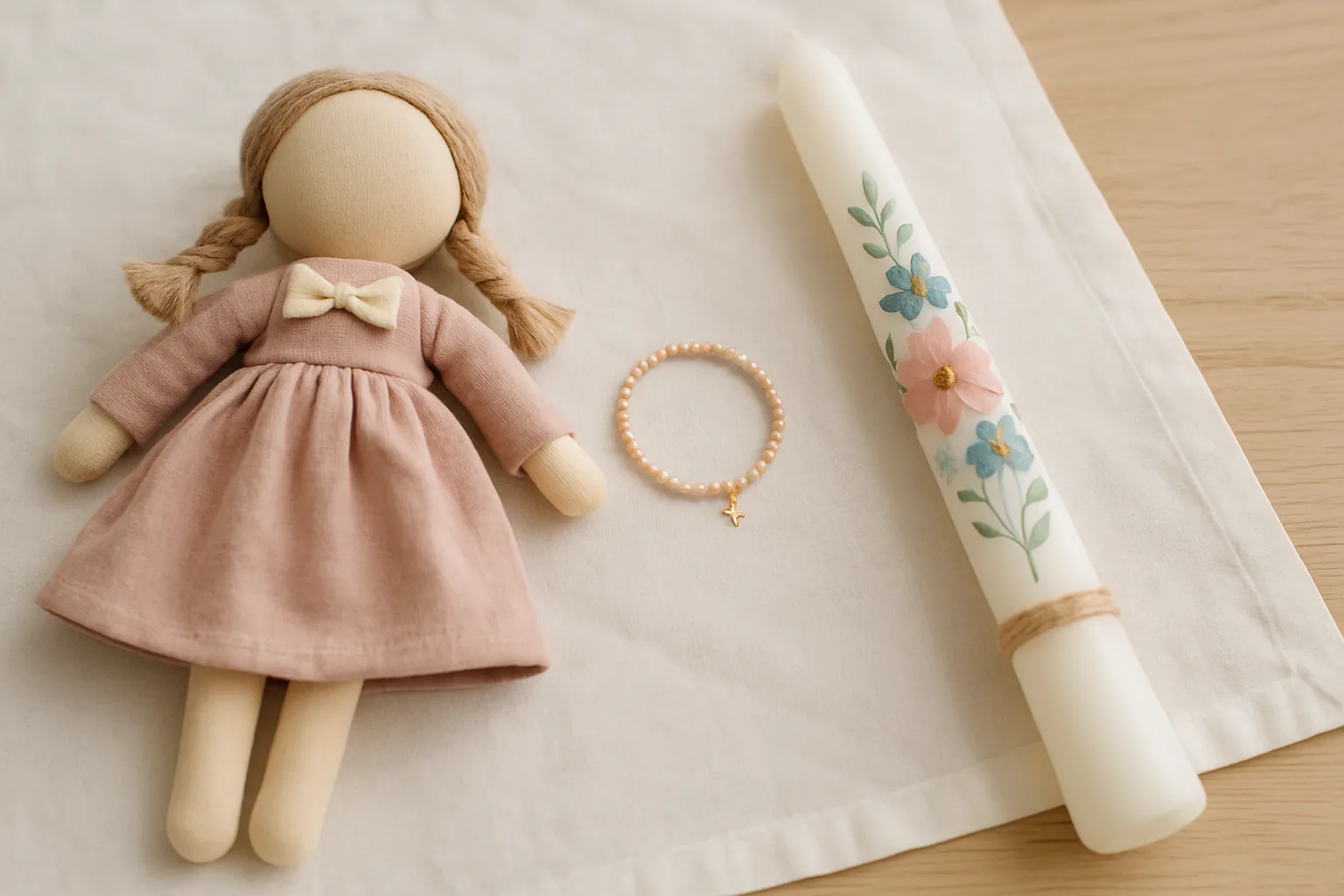 Taufgeschenke für Mädchen in Rosé und Creme: Stoffpuppe, zartes Armband und Taufkerze mit Blüten