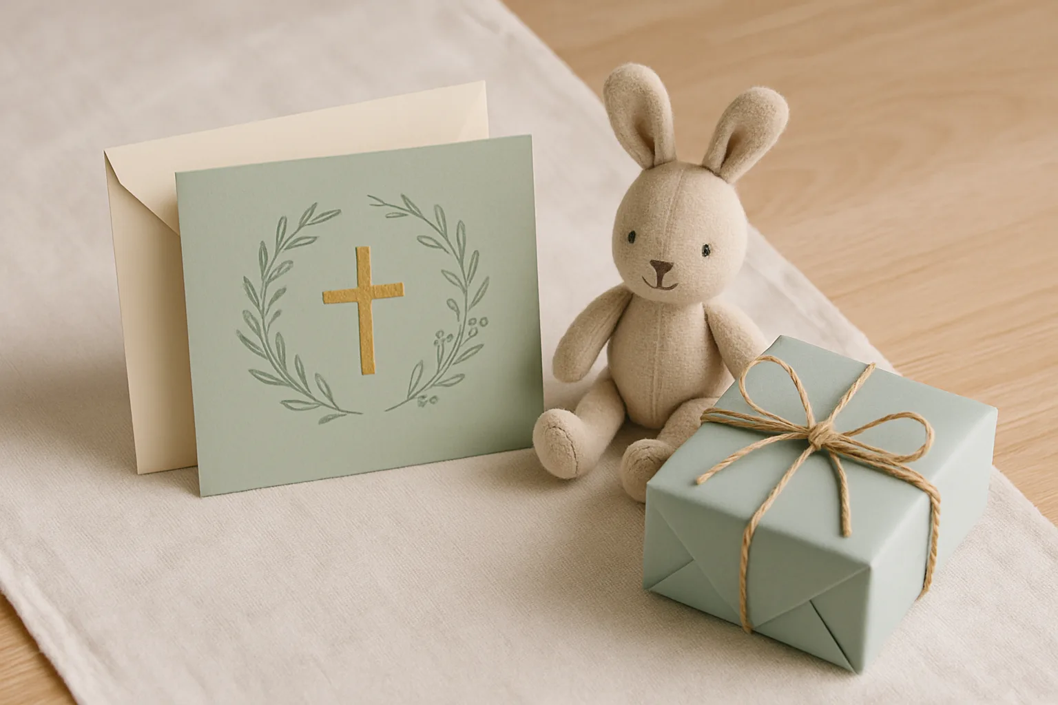 Kleine Gastgeschenke zur Taufe: Glückwunschkarte mit Umschlag, Stoffhase und verpacktes Päckchen