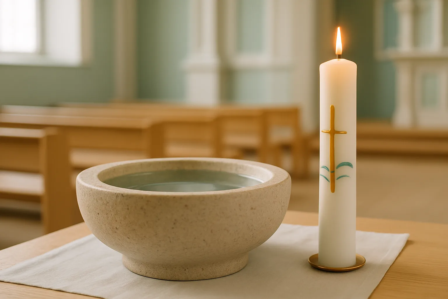 Schlichtes Taufbecken aus Stein mit Wasser und brennende Osterkerze in einer hellen evangelischen Kirche