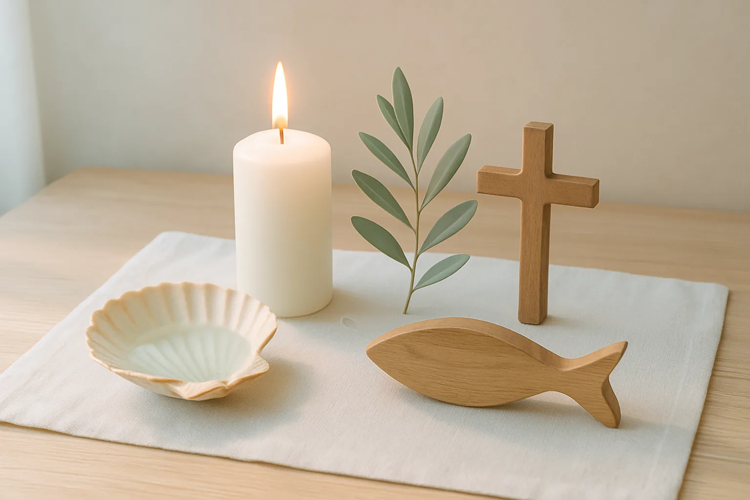 Symbole der Taufe nebeneinander: Muschel mit Wasser, brennende Kerze, Olivenzweig, Holzkreuz und Holzfisch
