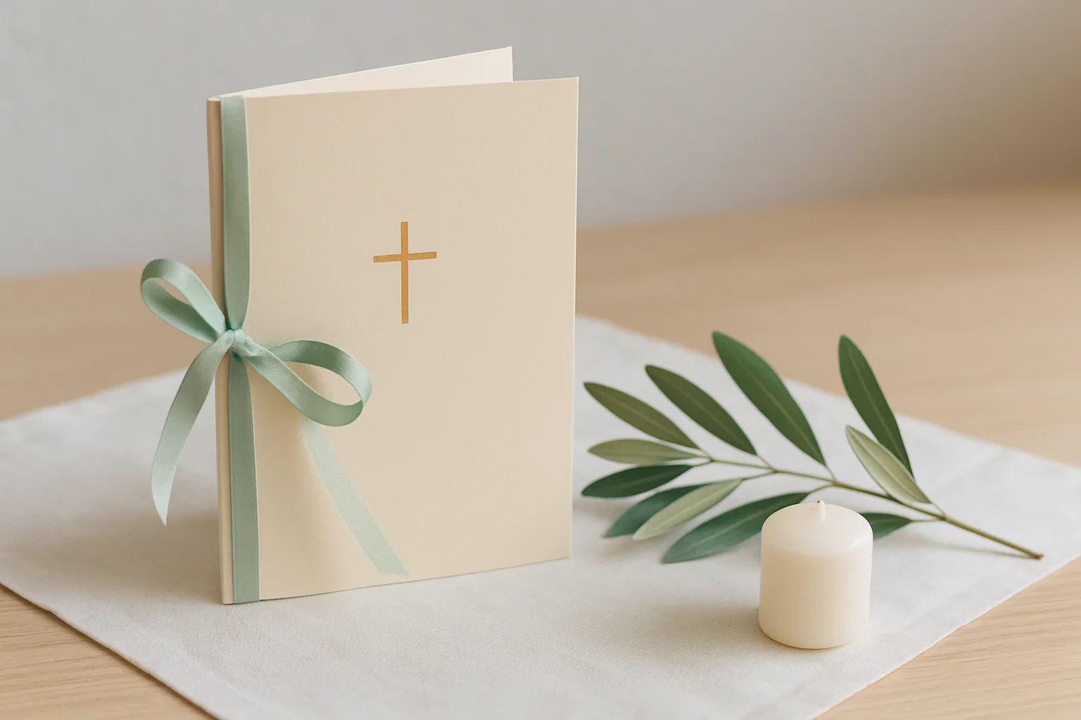 Gefaltetes Kirchenheft zur Taufe mit goldenem Kreuz und salbeigrünem Band, daneben Olivenzweig und Kerze