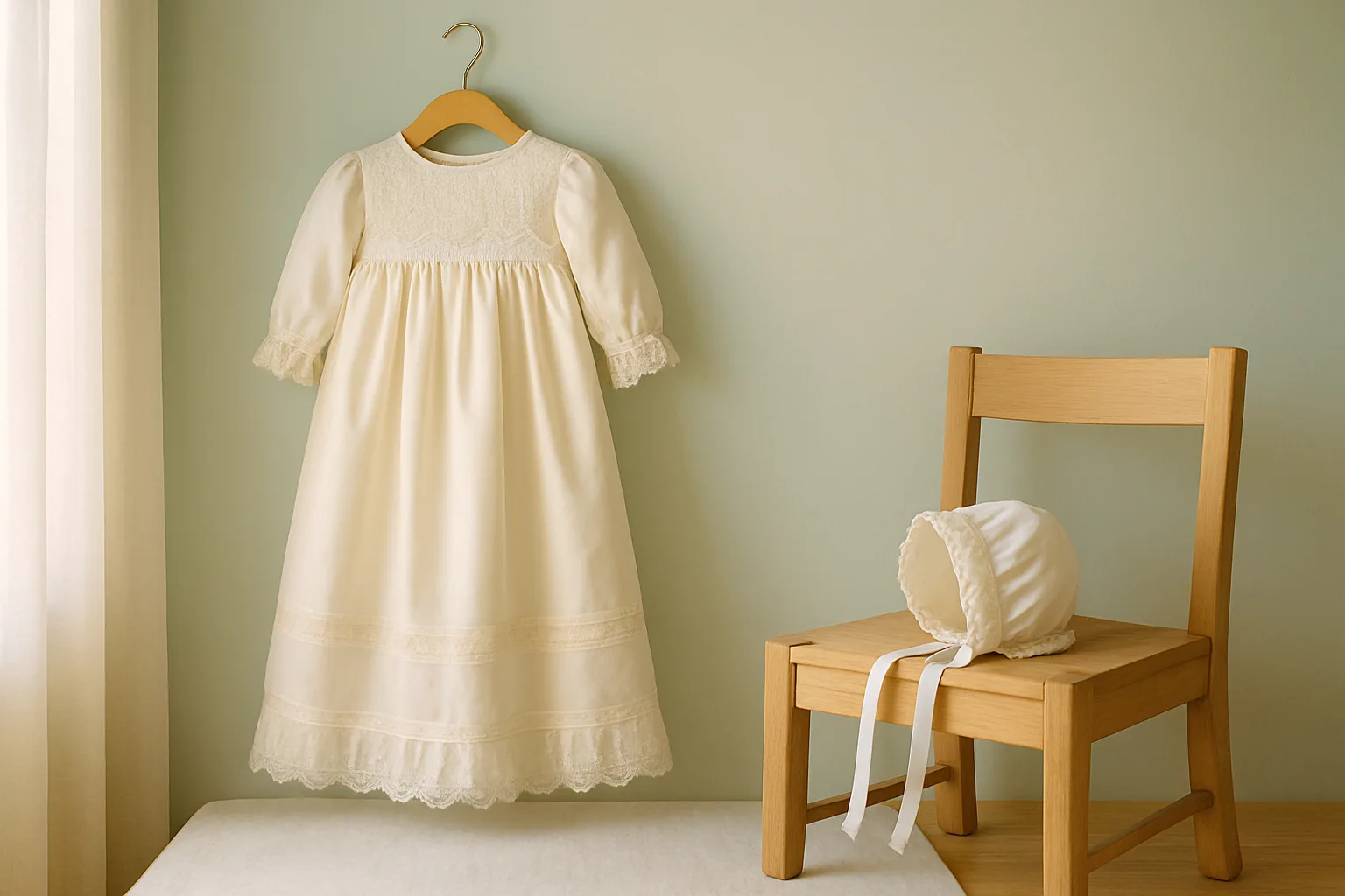 Langes weißes Taufkleid aus Seide und Spitze auf einem Bügel, daneben ein Taufhäubchen auf einem Holzstuhl