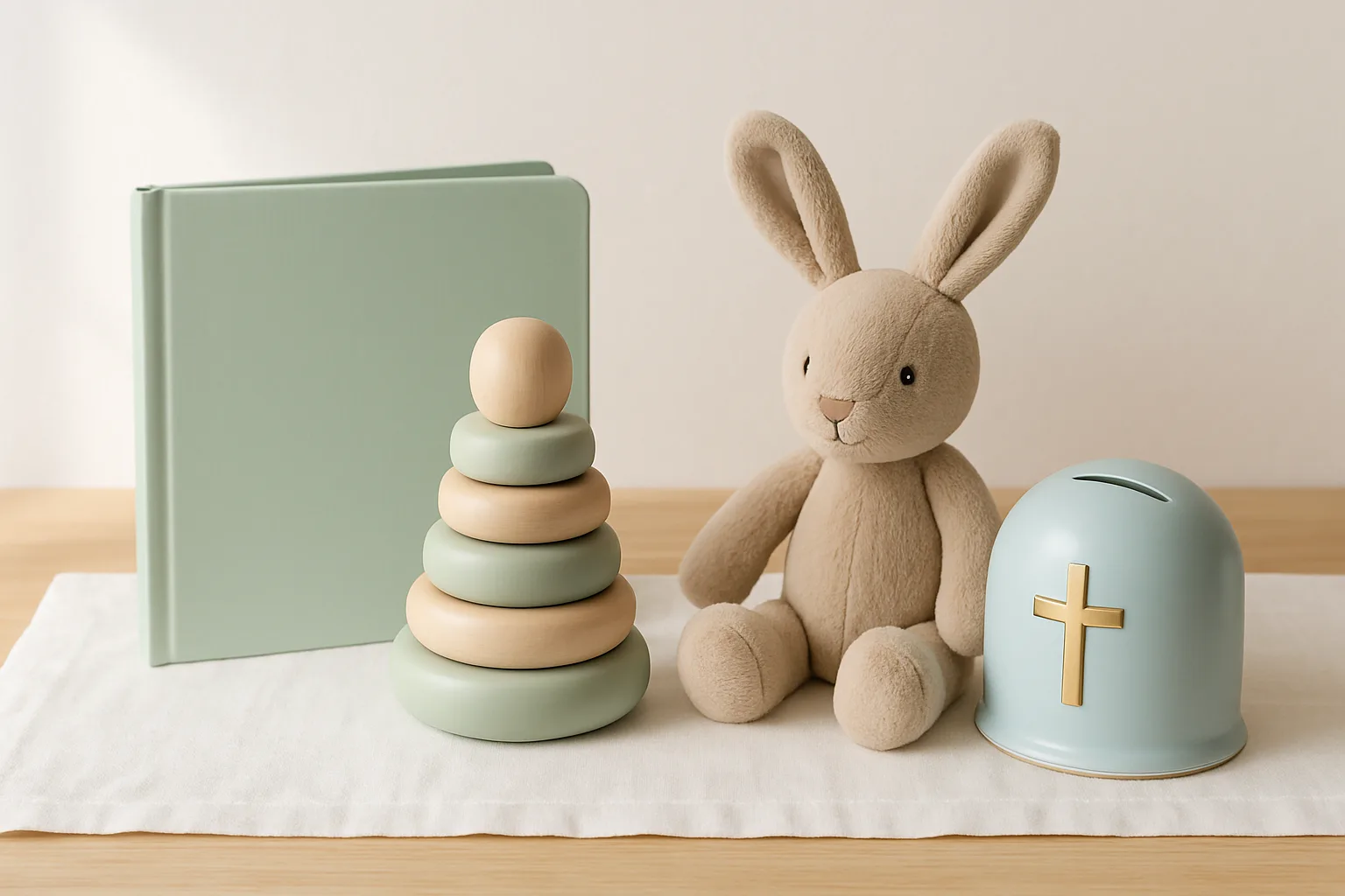 Kleine Taufgeschenke für Kinder: Buch, Stapelturm aus Holz, Stoffhase und Spardose mit Kreuz
